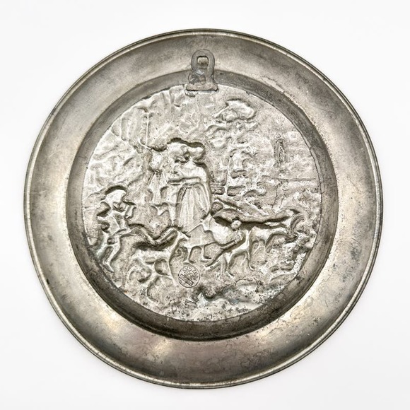 Antique SKS Zinn Hanging Plate 95% Pewter Rare Germany Farming Sheppard Scene - Picture 8 of 13